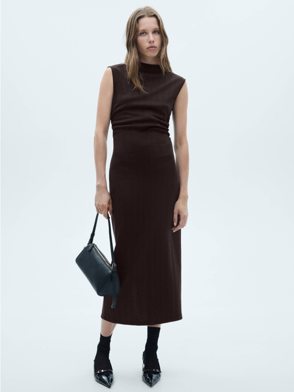 Mango sleeveless knit midi dress in a rich espresso brown herringbone pattern S
